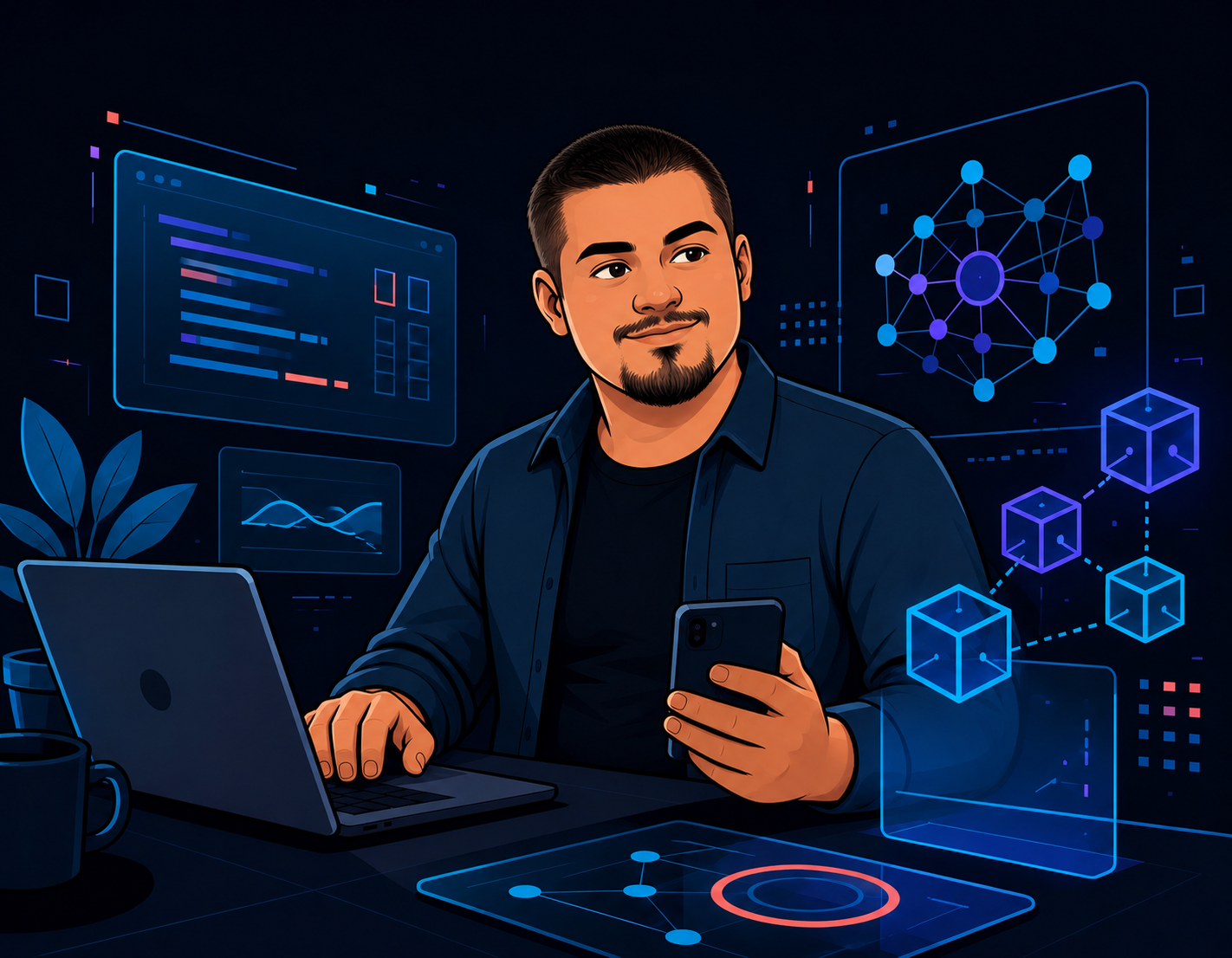 Flat cartoon illustration of Willy building software across web, mobile, AI, and blockchain